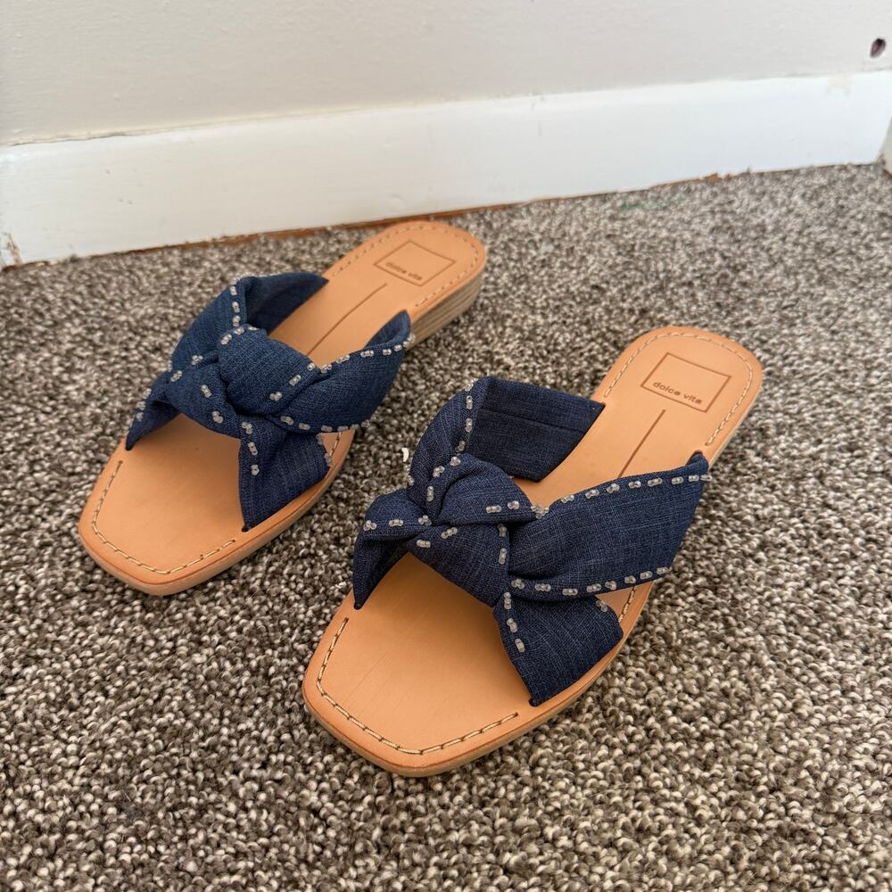 Dolce Vita Denim Slide On Sandals Women's Size 7 1/2 Small Wedge Beach Coastal
